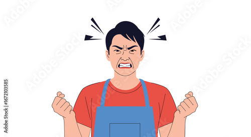 Frustrated angry man with clenched fists and gritted teeth showing extreme displeasure and frustration.