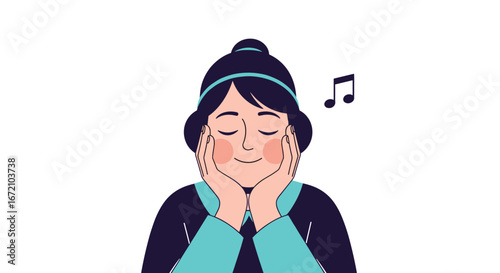 A young woman enjoys a peaceful moment listening to music with closed eyes in pure bliss