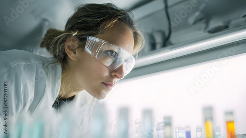A female scientist, caucasian in a lab coat and safety goggles, analyzing water samples in a mobile ocean lab. Minimalist interior with glass vials, digital instruments, and soft lighting