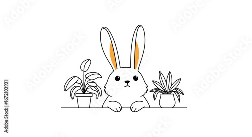 Adorable fluffy white rabbit peeking over a shelf surrounded by cute potted houseplants a whimsical illustration