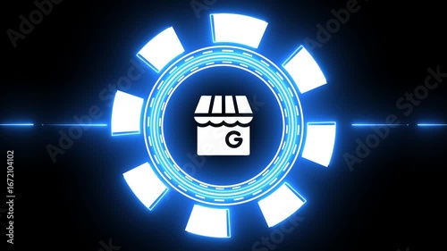 Futuristic Neon Gear Icon with Google My Business Store Symbol and Blue Light Streaks shop retail