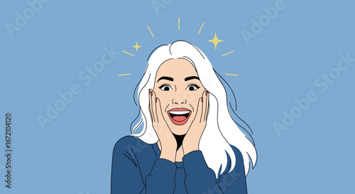 Excited young woman with white hair reacting with pure astonishment and joy to surprising news