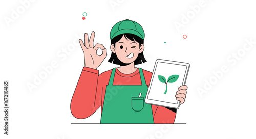 Young gardener expresses satisfaction with healthy plant growth and sustainable agricultural practices