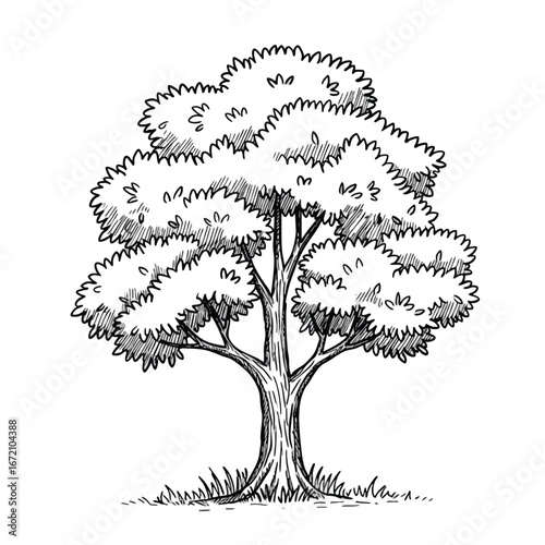 A handdrawn black and white sketch illustration of a large leafy deciduous tree with a thick trunk.