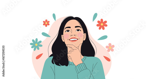 A joyful young woman smiles brightly surrounded by blooming flowers and soft leaves
