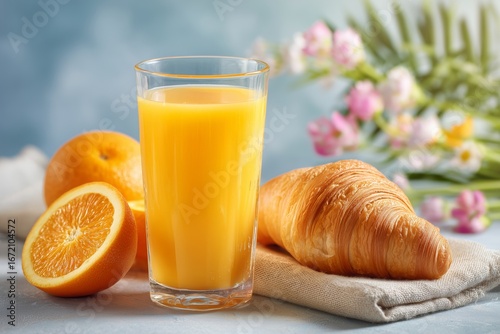 Enjoying a delicious breakfast with fresh orange juice and a croissant during a sunny morning at a cozy kitchen table