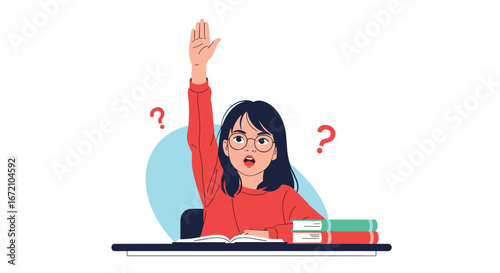 Curious student raising hand to ask question during classroom lesson with books and study materials