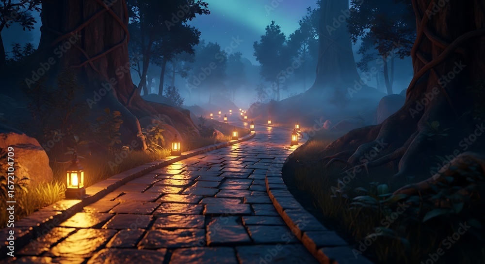 Fototapeta premium Enchanting forest path illuminated by glowing lanterns at twilight