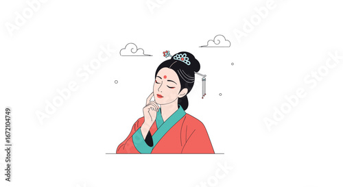 Elegant woman in traditional chinese attire dreaming thoughtful pose gentle breeze whispering petals flowers floating around her serene expression