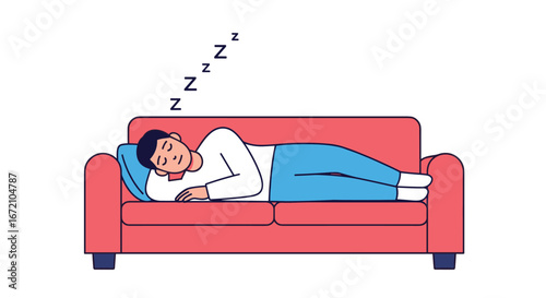 A man napping comfortably on a sofa during the day relaxing and resting