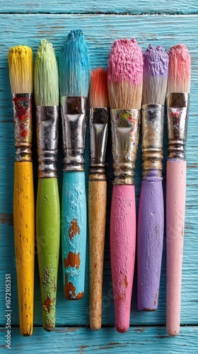 Colorful paintbrushes on a light blue wooden surface