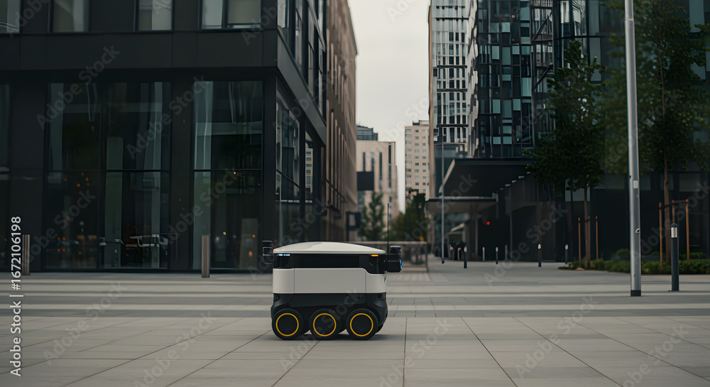 Fototapeta premium Autonomous Delivery Robot Moving Through Modern Urban Cityscape During Daylight