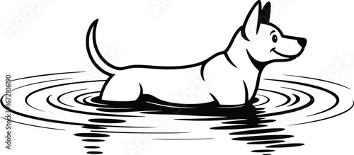 Happy dog enjoying cool water standing amidst ripples in a simple line drawing style