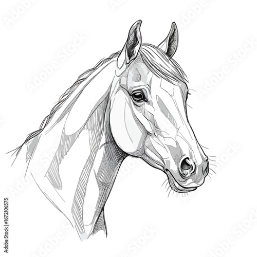 Elegant black and white pencil sketch of a beautiful horse head portrait.