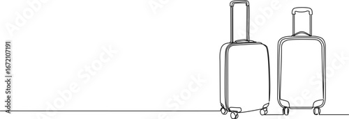 continuous single line drawing of two trolley suitcases, line art vector illustration
