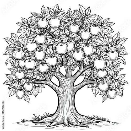 Handdrawn apple tree illustration in a black and white vintage woodcut style laden with fruit.