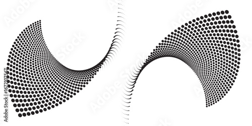 Modern abstract background. Halftone dots in circle form. Spiral logo, icon or design element. Black dots on a white background and white dots on the black side.