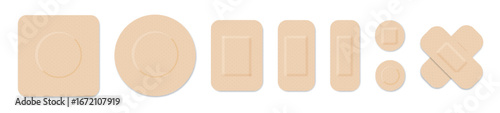Medical plasters. Bandages set. Adhesive bandage for first aid for wounds operations and skin injuries. Protecting open wound from infection. Vector