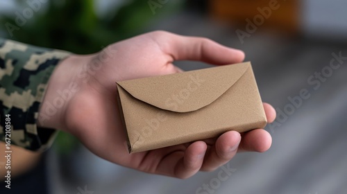 Close up of hand holding small gift box wrapped in brown kraft paper package