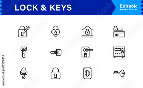 Lock And Security Line Icon Set – Modern Minimal Pixel Perfect Keys, Padlock And Safety Line Icon Collection