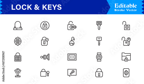 Lock And Security Line Icon Set – Modern Minimal Pixel Perfect Keys, Padlock And Safety Line Icon Collection