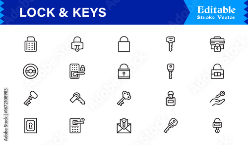Lock And Security Line Icon Set – Modern Minimal Pixel Perfect Keys, Padlock And Safety Line Icon Collection