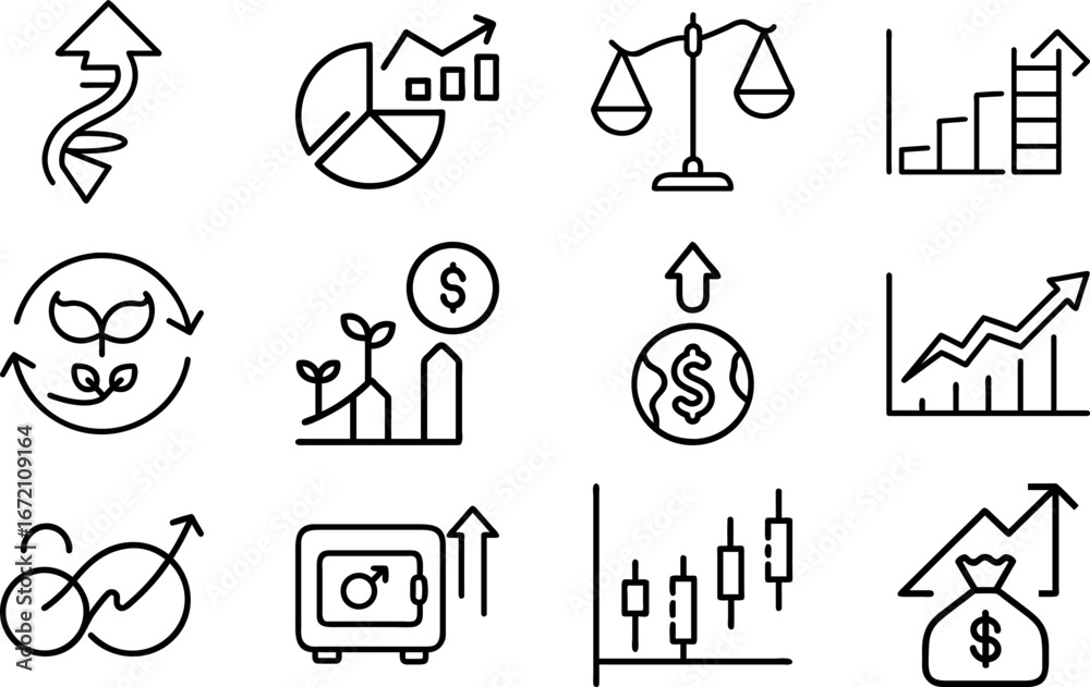Fototapeta premium Business Finance Growth Icon Set – Money Investment, Stock Market, Economy Analysis, Chart, Arrow Up, Profit and Success Strategy Line Icons Pack for Web, Infographic and Presentation Design