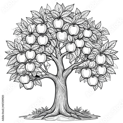 Stylized black and white line art illustration of a fruitful apple tree laden with ripe apples and lush leaves.