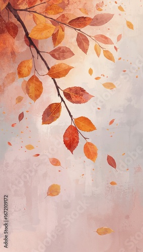 Pastel autumn leaves drifting softly downward glowing faintly against muted canvas symbolizing gentle change and calm