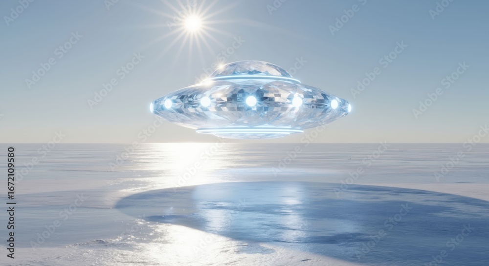 Fototapeta premium Crystal alien ufo flying over icy landscape against bright sun. Futuristic concept of extraterrestrial travel. World ufo day.