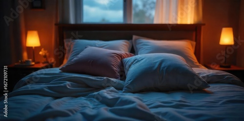 A cozy bedroom scene featuring two pillows nestled together on a bed, suggesting intimacy and quiet conversation after lights out , cozy, secrets, comfortable