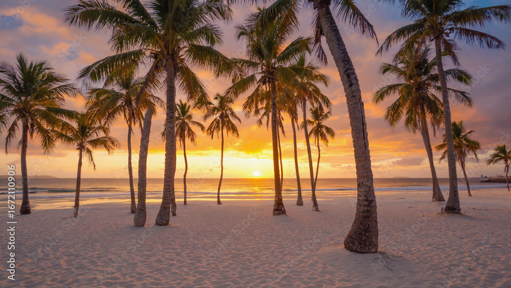 Fototapeta premium Palm Trees on Sandy Beach at Warm Sunset, Tropical Paradise