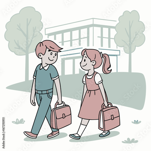 Children Walking to School Illustration