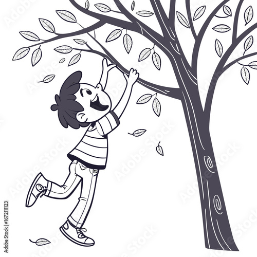 Boy Climbing Tree Coloring Page Illustration.