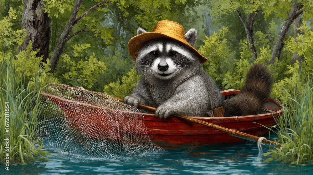 Obraz premium Cartoon Raccoon Fisherman in Small Boat with Fishing Net Surrounded by Lush Greenery
