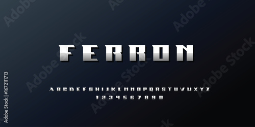 Ferron Font. Industrial Steel-Inspired Display Typeface with Bold Geometric Shapes. Metallic and Rugged Capital Letters for Strong Branding, Logos, and Heavy Design. Vector Illustration.
