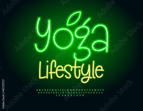 Vector Neon badge Yoga Lifestyle. Glowing Green Font. Led Light Alphabet Letters and Numbers set
