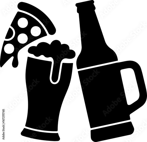 Black silhouette of pizza and beer mug, perfect for pubs, parties, and casual gatherings