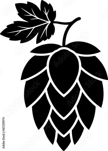 Black Silhouette of a Hop Cone with Leaves, Representing Brewing and Craft Beer