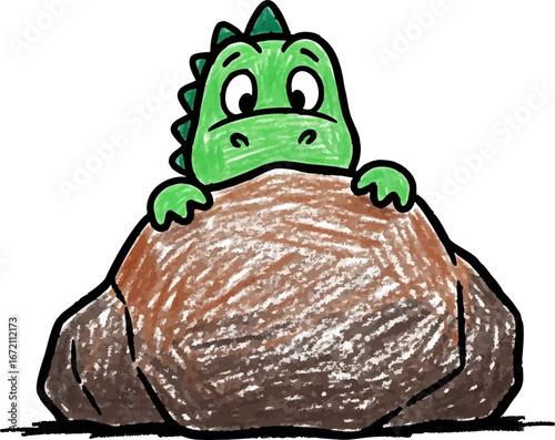 Very Shy Dinosaur Peeking from Behind a Rock