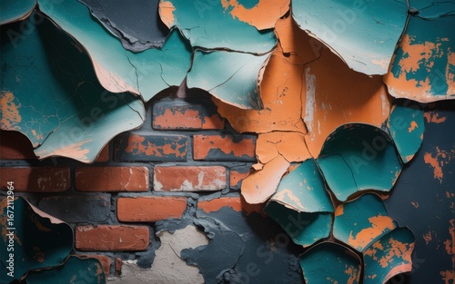Peeling teal and orange paint revealing weathered brick wall texture peeling paint cracked paint