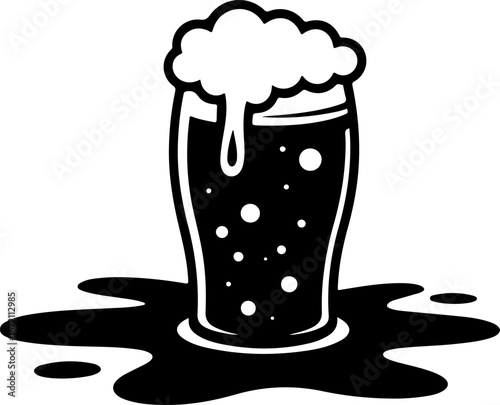 Black silhouette of a glass of beer with a frothy head and a splash on a white background