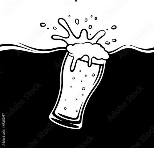 Monochrome silhouette of spilled beer with foam in a tall glass, creating a splash effect