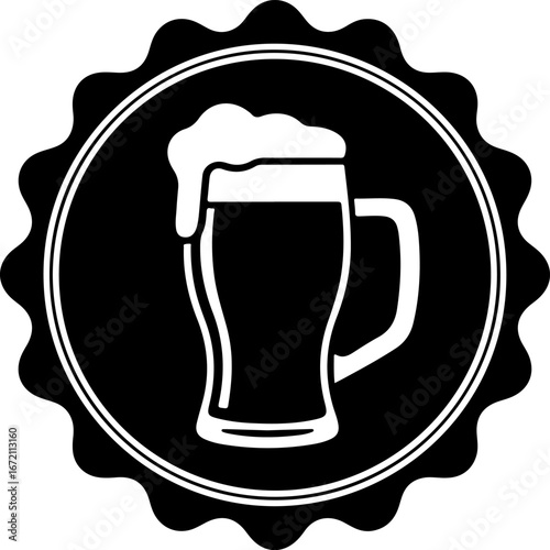 Black silhouette of a beer mug with foam in a round emblem for brewery, pub or bar usage