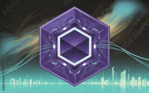 Purple hexagonal prism with glowing circuit patterns and abstract nebula over futuristic city skyline