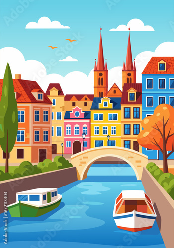 Picturesque European Canal Town with Boats and Colorful Buildings
