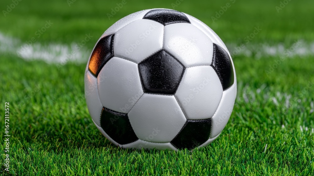 Fototapeta premium Soccer Ball on Lush Green Grass Field with Glimmering Surface and Vibrant Texture