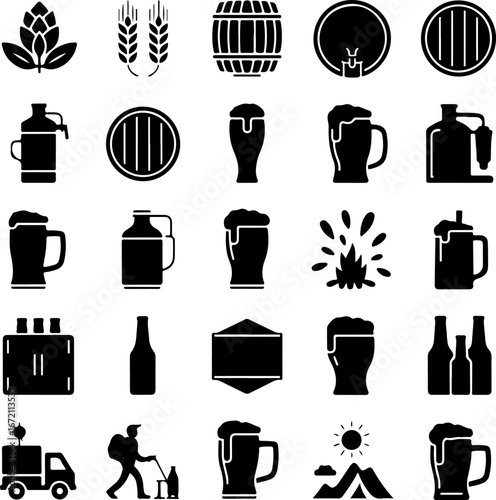 Extensive Black Silhouette Vector Pack of Beer and Brewing Icons, Featuring Mugs, Barrels, and Craft Beverage Elements