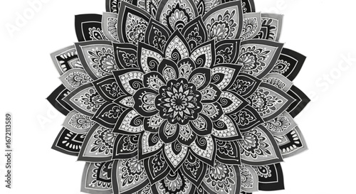 Complex Greyscale Layered Mandala, Intricate Shaded Pattern for Artistic Expression and Meditative Focus, Isolated White Background