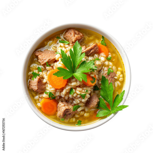 Top View of Delicious Barley Soup with Beef and Carrots in a Bowl